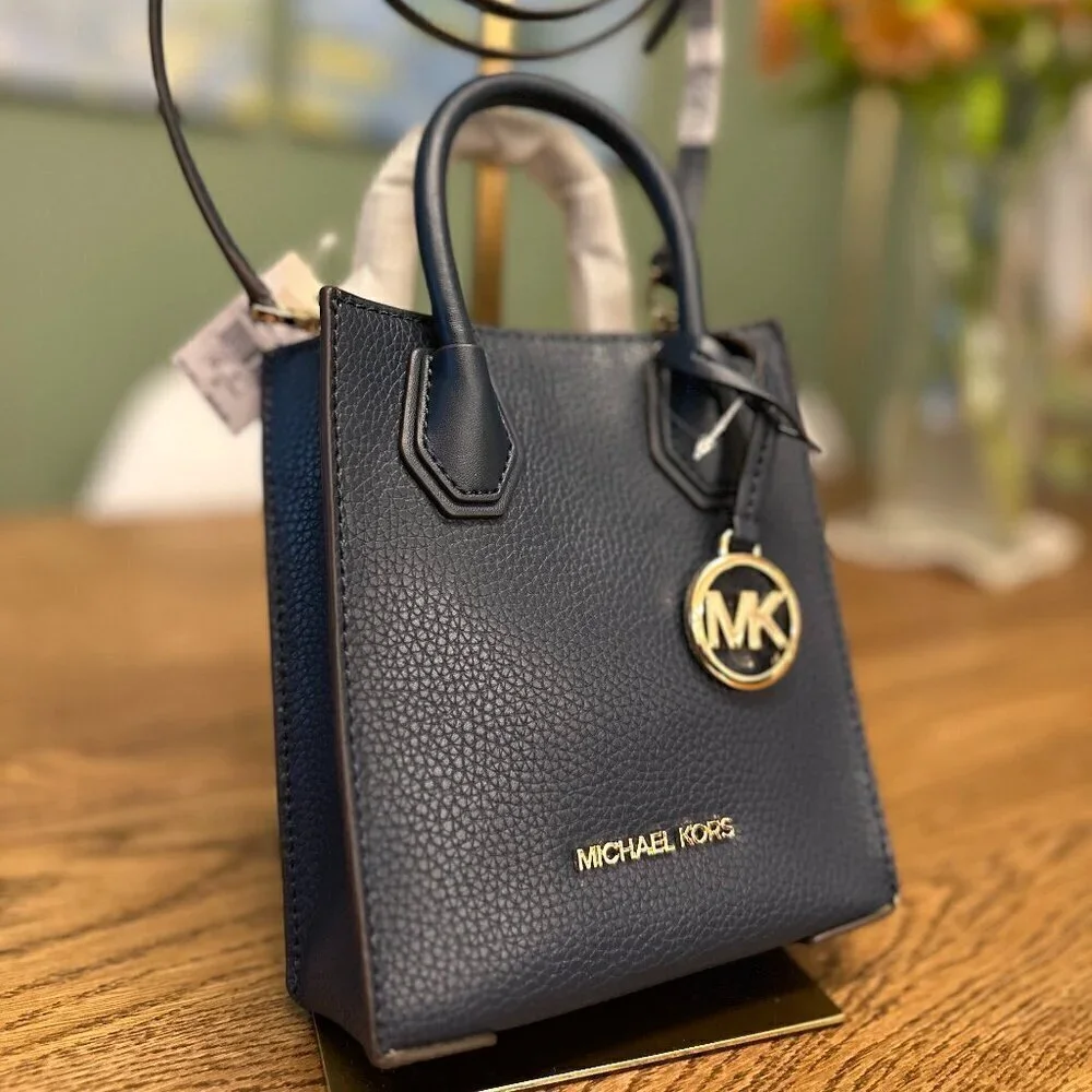 NWT! NEW! Michael Kors Mercer Extra-Small Pebbled Leather Crossbody Bag Navy